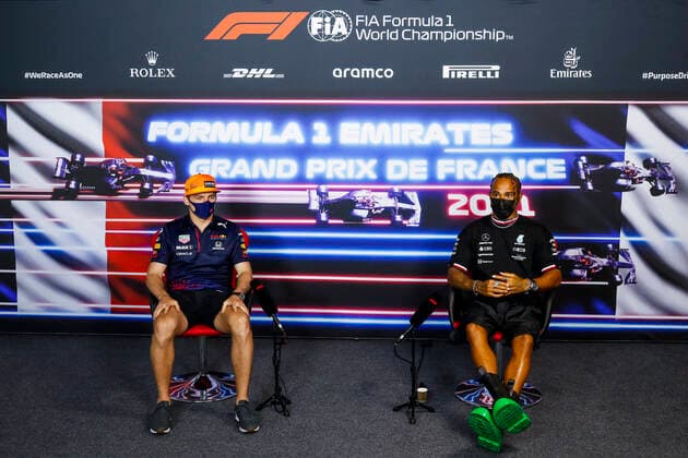 VERSTAPPEN Max (ned), Red Bull Racing Honda RB16B, HAMILTON Lewis (gbr), Mercedes AMG F1 GP W12 E Performance, portrait, press conference, PK, Pressekonferenz during the Formula 1 Emirates Grand Prix de France 2021, 7th round of the 2021 FIA Formula One World Championship, WM, Weltmeisterschaft from June 18 to 20, 2021 on the Circuit Paul Ricard, in Le Castellet, France - FORMULE 1 : Grand Prix de France - Circuit Paul-Ricard - 17 06 2021 DPPI PANORAMIC _V2_2029