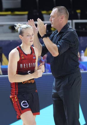 Belgian Cats Kim Mestdagh and Belgian Cats head coach Philip Mestdagh pictured during the match between Belgium s national women s basketball team The Belgian Cats and Bosnia-Herzegovina, in Strasbourg, France, Thursday 17 June 2021. The Belgian Cats are in France for the FIBA Women s EuroBasket 2021 European Basketball championships, that take place from 17 to 27 June. VIRGINIExLEFOUR  x3010372x