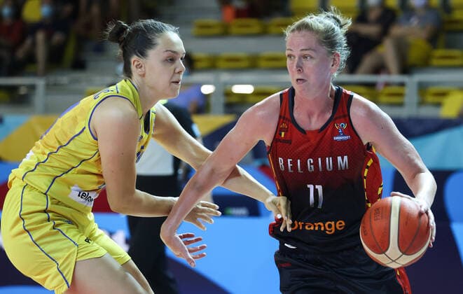 Bosnia s Gajic and Belgian Cats Emma Meesseman fight for the ball during the match between Belgium s national women s basketball team The Belgian Cats and Bosnia-Herzegovina, in Strasbourg, France, Thursday 17 June 2021. The Belgian Cats are in France for the FIBA Women s EuroBasket 2021 European Basketball championships, that take place from 17 to 27 June. VIRGINIExLEFOUR  x3010456x