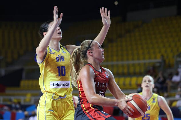 Bosnia s Gajic and Belgian Cats Julie Allemand fight for the ball during the match between Belgium s national women s basketball team The Belgian Cats and Bosnia-Herzegovina, in Strasbourg, France, Thursday 17 June 2021. The Belgian Cats are in France for the FIBA Women s EuroBasket 2021 European Basketball championships, that take place from 17 to 27 June. VIRGINIExLEFOUR  x3010463x