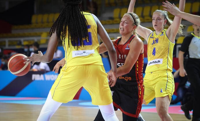 Belgian Cats Julie Allemand and Bosnia s Milica Deura fight for the ball during the match between Belgium s national women s basketball team The Belgian Cats and Bosnia-Herzegovina, in Strasbourg, France, Thursday 17 June 2021. The Belgian Cats are in France for the FIBA Women s EuroBasket 2021 European Basketball championships, that take place from 17 to 27 June. VIRGINIExLEFOUR  x3010524x