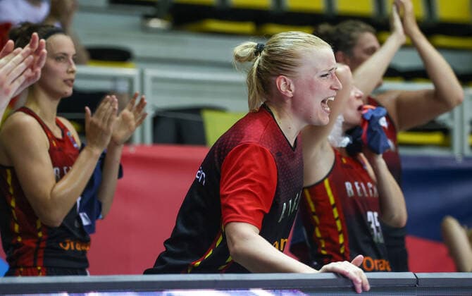 Belgian Cats Hanne Mestdagh celebrates during the match between Belgium s national women s basketball team The Belgian Cats and Bosnia-Herzegovina, in Strasbourg, France, Thursday 17 June 2021. The Belgian Cats are in France for the FIBA Women s EuroBasket 2021 European Basketball championships, that take place from 17 to 27 June. VIRGINIExLEFOUR  x3010531x