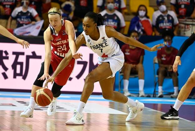 STRASBOURG, FRANCE - JUNE 17: Klaudia Preise of Croatia and Sandrine Gruda of France pictured during FIBA Women s Eurobasket match between France and Croatia on JUNE 17, 2021 in Strasbourg, France,17 06 2021 BASKET BALL FEMIMIN : France vs Croatie - FIBA Women s Eurobasket - Strasbourg - 17 06 2021 PhilippeCrochet Panoramic 