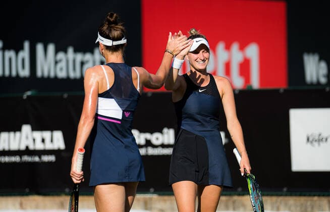 June 18, 2021, BERLIN, GERMANY: Marketa Vondrousova of the Czech Republic & Veronika Kudermetova of Russia in action during the doubles at the 2021 bett1open WTA, Tennis Damen 500 tennis tournament BERLIN GERMANY - ZUMAa181 20210618_zaa_a181_079 Copyright: xRobxPrangex