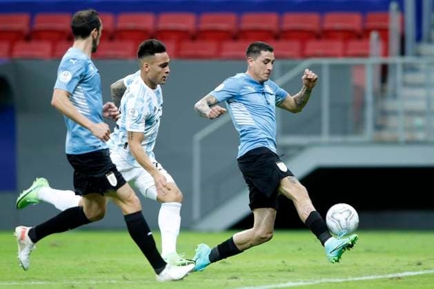 18th June 2021; Mane Garrincha Stadium, Brasilia, Distrito Federal, Brazil; Copa America, Argentina versus Uruguay; Lautaro Mart& xed;nez of Argentina is intercepted by Jose Gimenez of Uruguay  ActionPlus12297548 AdalbertoxMarques