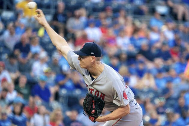 Boston Red Sox starting pitcher Nick Pivetta (37) pitches against the Kansas City Royals in the first inning at Kaufman Stadium in Kansas City, Missouri on Friday, June 18, 2021.  KCP20210618108 KYLExRIVAS