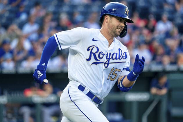 Kansas City Royals right fielder Whit Merrifield (15) rounds first for a double play against the Boston Red Sox in the first inning at Kaufman Stadium in Kansas City, Missouri on Friday, June 18, 2021.  KCP20210618109 KYLExRIVAS