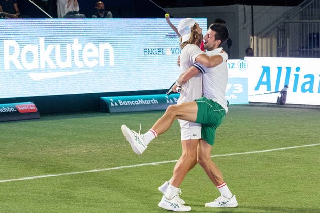 20210618 Mallorca Championships 2021 - Opening Ceremony SANTA PONSA, SPAIN - JUNE 18 2021 : Novak Djokovic, Marko Djokovic at - Mallorca Championships 2021 - Opening Ceremony on June 18, 2021 in Santa Ponsa, . Santa Ponsa Baleares Spain