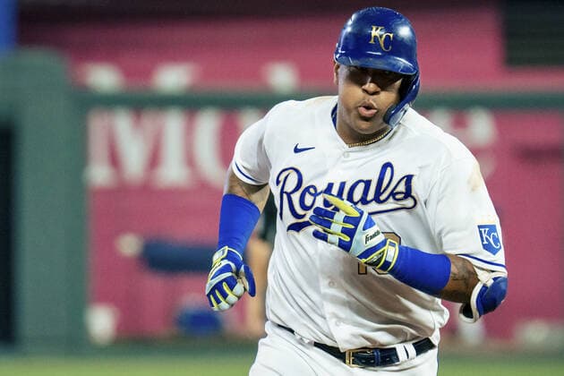 Kansas City Royals catcher Salvador Perez (13) rounds the bases after hitting a solo home run against the Boston Red Sox in the seventh inning at Kaufman Stadium in Kansas City, Missouri on Friday, June 18, 2021.  KCP20210618119A KYLExRIVAS