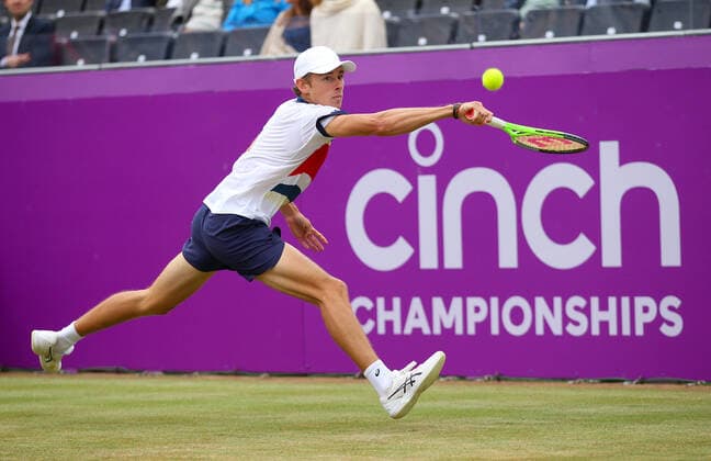 Mandatory Credit: Photo by Ella Ling BPI Shutterstock (12115521z) Alex de Minaur of Australia in action Cinch Championships, Day Six, Tennis, Queens Club, London, UK - 19 June 2021 EDITORIAL USE ONLY No use with unauthorised audio, video, data, fixture lists, club league logos or live services. Online in-match use limited to 120 images, no video emulation. No use in betting, games or single club league player publications. Cinch Championships, Day Six, Tennis, Queens Club, London, UK - 19 June 2021 EDITORIAL USE ONLY No use with unauthorised audio, video, data, fixture lists, club league logos or live services. Online in-match use limited to 120 images, no video emulation. No use in betting, games or single club league player publications. Copyright: xEllaxLing BPI Shutterstockx 12115521z