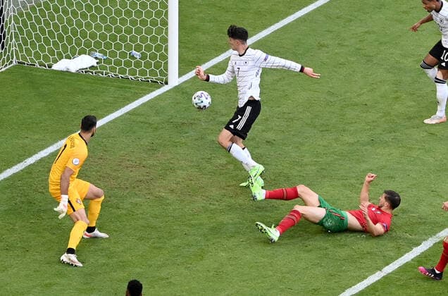 Kai Havertz (Deutschland), re., erzielt das Tor zum 1:3, links Torwart Rui Patricio (Portugal) 19.06.2021, Fussball Europameisterschaft 2021, Vorrunde, 2. Spieltag, Gruppe F, Portugal - Deutschland 2:4, Foto: Maik Hölter TEAM2sportphoto Muenchen Allianz Arena Bayern Deutschland