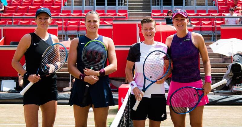 Mandatory Credit: Photo by Rob Prange Shutterstock (12072943a) IVictoria Azarenka & Aryna Sabalenka of Belarus and Nicole Melichar of the United States & Demi Schuurs of the Netherlands before the doubles final of the 2021 bett1open WTA, Tennis Damen 500 tennis tournament bett1open Tournament, Tennis, Berlin, Germany - 20 Jun 2021 bett1open Tournament, Tennis, Berlin, Germany - 20 Jun 2021  Copyright: xRobxPrange Shutterstockx 12072943a