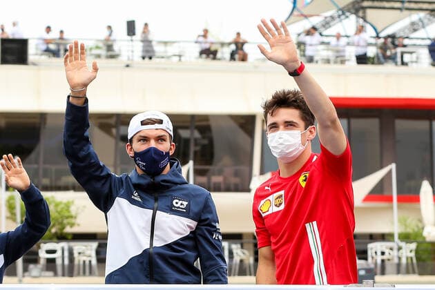 FORMULA 1 FRENCH GRAND PRIX, 20 06 2021 Circuit Paul Ricard, Le Castellet, France on 20 June 2021 Pierre Gasly (FRA), Scuderia AlphaTauri AT02 and Charles Leclerc (MON), Scuderia Ferrari SF21 wave to fans on drivers parade during the Formula 1 Emirates Grand Prix De France 2021 Editorial Use Only Copyright: xPhilxDuncanx ESM-0022-0047