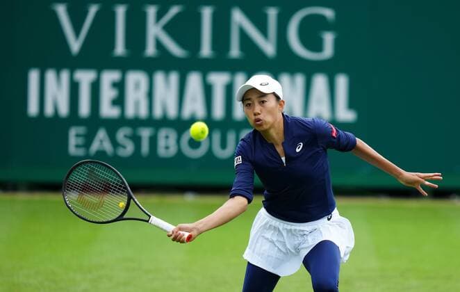 Mandatory Credit: Photo by Dave Shopland BPI Shutterstock (12115545l) Shuai Zhang from china in action Viking International Championships, Day Two, Tennis, Eastbourne, East Sussex, UK - 20 June 2021 EDITORIAL USE ONLY No use with unauthorised audio, video, data, fixture lists, club league logos or live services. Online in-match use limited to 120 images, no video emulation. No use in betting, games or single club league player publications. Viking International Championships, Day Two, Tennis, Eastbourne, East Sussex, UK - 20 June 2021 EDITORIAL USE ONLY No use with unauthorised audio, video, data, fixture lists, club league logos or live services. Online in-match use limited to 120 images, no video emulation. No use in betting, games or single club league player publications. Copyright: xDavexShopland BPI Shutterstockx 12115545l