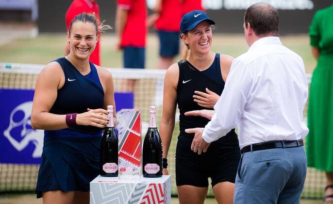 Mandatory Credit: Photo by Rob Prange Shutterstock (12072943t) Aryna Sabalenka & Victoria Azarenka of Belaru during the trophy ceremony after the doubles final of the 2021 bett1open WTA, Tennis Damen 500 tennis tournament bett1open Tournament, Tennis, Berlin, Germany - 20 Jun 2021 bett1open Tournament, Tennis, Berlin, Germany - 20 Jun 2021  Copyright: xRobxPrange Shutterstockx 12072943t