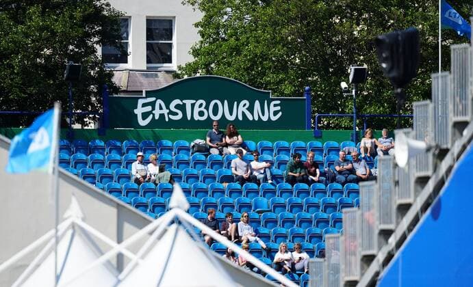 Mandatory Credit: Photo by Dave Shopland BPI Shutterstock (12115545bu) Fans watching tennis on Main Court Viking International Championships, Day Two, Tennis, Eastbourne, East Sussex, UK - 20 June 2021 EDITORIAL USE ONLY No use with unauthorised audio, video, data, fixture lists, club league logos or live services. Online in-match use limited to 120 images, no video emulation. No use in betting, games or single club league player publications. Viking International Championships, Day Two, Tennis, Eastbourne, East Sussex, UK - 20 June 2021 EDITORIAL USE ONLY No use with unauthorised audio, video, data, fixture lists, club league logos or live services. Online in-match use limited to 120 images, no video emulation. No use in betting, games or single club league player publications. Copyright: xDavexShopland BPI Shutterstockx 12115545bu