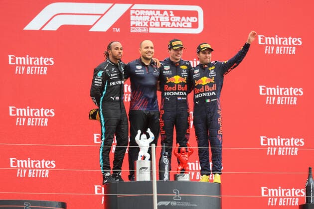 FORMULA 1 FRENCH GRAND PRIX, 20 06 2021 Circuit Paul Ricard, Le Castellet, France on 20 June 2021 Max Verstappen (NED), Red Bull Racing RB16B winner Lewis Hamilton (GBR), Mercedes AMG Petronas W12 and Sergio Perez (MEX), Red Bull Racing RB16B on the podium during the Formula 1 Emirates Grand Prix De France 2021 Editorial Use Only Copyright: xPhilxDuncanx ESM-0022-0064