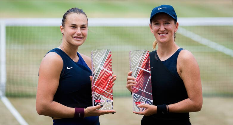 June 20, 2021: Victoria Azarenka & Aryna Sabalenka of Belarus with their trophies after winning the doubles final of the 2021 bett1open WTA, Tennis Damen 500 tennis tournament - ZUMAa181 20210620_zaa_a181_012 Copyright: xRobxPrangex