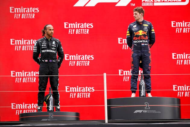 44 Lewis Hamilton (GBR, Mercedes-AMG Petronas F1 Team), 33 Max Verstappen (NED, Red Bull Racing), F1 Grand Prix of France at Circuit Paul Ricard on June 20, 2021 in Le Castellet, France. (Photo by HOCH ZWEI) Le Castellet France