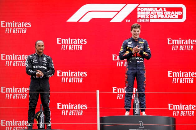 44 Lewis Hamilton (GBR, Mercedes-AMG Petronas F1 Team), 33 Max Verstappen (NED, Red Bull Racing), F1 Grand Prix of France at Circuit Paul Ricard on June 20, 2021 in Le Castellet, France. (Photo by HOCH ZWEI) Le Castellet France