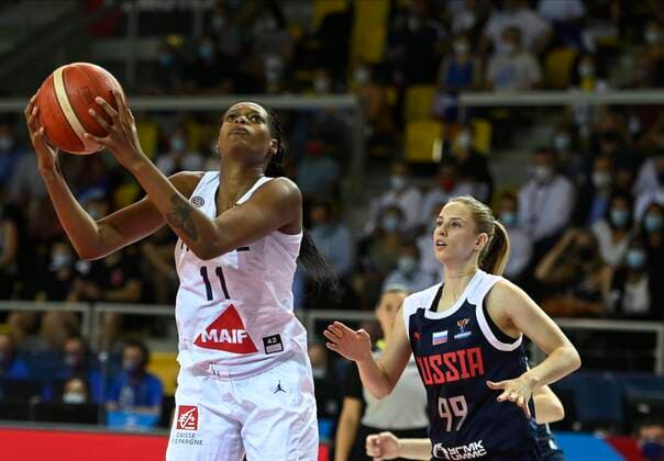 Kseniia Levchenko of Russia Valeriane Vukosavljevic of France pictured during FIBA Women s Eurobasket match between France and Russia on JUNE 20, 2021 in Strasbourg BASKET BALL : France vs Russie - Eurobasket Feminin - 20 06 2021 PhilippeCrochet Panoramic 