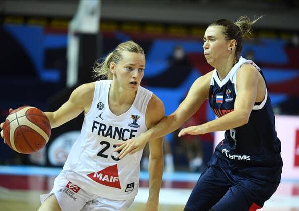 Katerina Fedorenkova of Russia and Marine Johannes of France pictured during FIBA Women s Eurobasket match between France and Russia on JUNE 20, 2021 in Strasbourg BASKET BALL : France vs Russie - Eurobasket Feminin - 20 06 2021 PhilippeCrochet Panoramic 