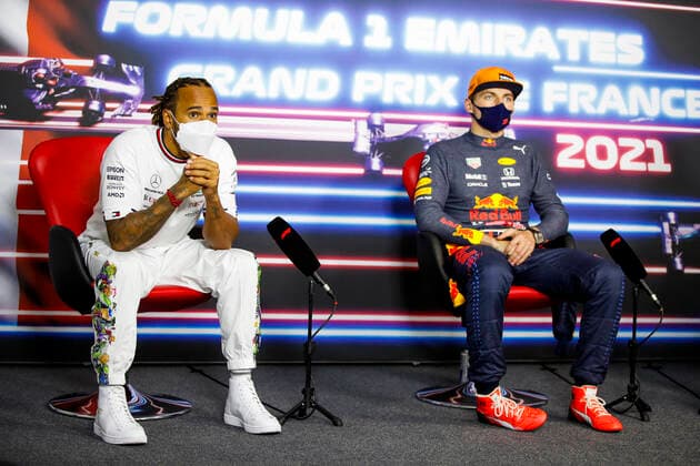 HAMILTON Lewis (gbr), Mercedes AMG F1 GP W12 E Performance, VERSTAPPEN Max (ned), Red Bull Racing Honda RB16B, portrait, press conference, PK, Pressekonferenz during the Formula 1 Emirates Grand Prix de France 2021, 7th round of the 2021 FIA Formula One World Championship, WM, Weltmeisterschaft from June 18 to 20, 2021 on the Circuit Paul Ricard, in Le Castellet, France FORMULE 1 : Grand Prix de France - Circuit Paul-Ricard - Le Castellet - 20 06 2021 DPPI Panoramic _GDN8208