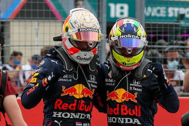 FORMULA 1 FRENCH GRAND PRIX, 20 06 2021 Circuit Paul Ricard, Le Castellet, France on 20 June 2021 Max Verstappen (NED), Red Bull Racing RB16B and Sergio Perez (MEX), Red Bull Racing RB16B celebrate during the Formula 1 Emirates Grand Prix De France 2021 Editorial Use Only Copyright: xPhilxDuncanx ESM-0022-0082