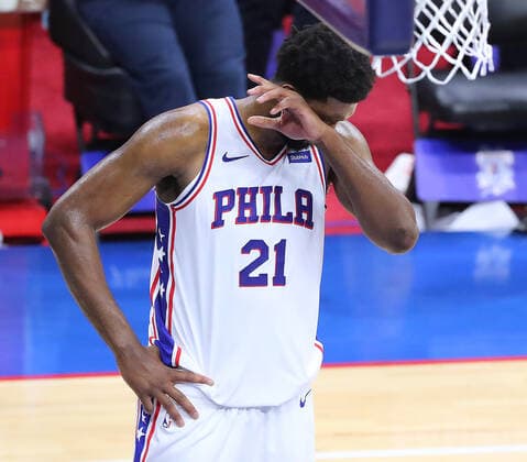 June 20, 2021, Philadelphia, PA, USA: Philadelphia 76ers center Joel Embiid reacts in the final seconds of a 103-96 loss to the Atlanta Hawks in game seven of their NBA, Basketball Herren, USA Eastern Conference semifinals series on Sunday, June 20, 2021, in Philadelphia. Philadelphia USA - ZUMAm67_ 0122241861st Copyright: xCurtisxComptonx