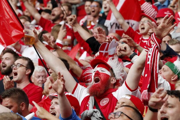 COPENHAGEN, DENMARK - JUNE 21, 2021: Team Denmark s fans anticipate the UEFA EURO, EM, Europameisterschaft,Fussball 2020 Group B football match against Russia at Parken Stadium. Grigory Dukor TASS  TS105A46