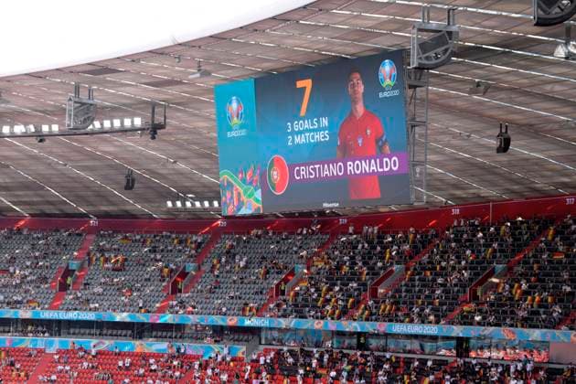19.06.2021, Fussball, Europameisterschaft 2020, Gruppenspiel Gruppe F, Portugal - Deutschland, in der Fußball Arena München. Christiano Ronaldo (Portugal) auf der Anzeigetafel.