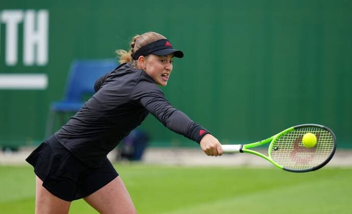 Mandatory Credit: Photo by Dave Shopland BPI Shutterstock (12163770bg) Jelena Ostapenko action Viking International Championships, Day Four, Tennis, Eastbourne, East Sussex, UK - 22 June 2021 EDITORIAL USE ONLY No use with unauthorised audio, video, data, fixture lists, club league logos or live services. Online in-match use limited to 120 images, no video emulation. No use in betting, games or single club league player publications. Viking International Championships, Day Four, Tennis, Eastbourne, East Sussex, UK - 22 June 2021 EDITORIAL USE ONLY No use with unauthorised audio, video, data, fixture lists, club league logos or live services. Online in-match use limited to 120 images, no video emulation. No use in betting, games or single club league player publications. Copyright: xDavexShopland BPI Shutterstockx 12163770bg
