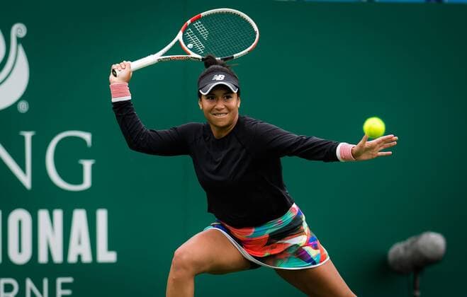 Mandatory Credit: Photo by Rob Prange Shutterstock (12163992dc) Heather Watson of Great Britain in action during the first round at the 2021 Viking International WTA, Tennis Damen 500 tennis tournament Viking International Championships, Day Four, Tennis, Eastbourne, East Sussex, UK - 22 June 2021 EDITORIAL USE ONLY No use with unauthorised audio, video, data, fixture lists, club league logos or live services. Online in-match use limited to 120 images, no video emulation. No use in betting, games or single club league player publications. Viking International Championships, Day Four, Tennis, Eastbourne, East Sussex, UK - 22 June 2021 EDITORIAL USE ONLY No use with unauthorised audio, video, data, fixture lists, club league logos or live services. Online in-match use limited to 120 images, no video emulation. No use in betting, games or single club league player publications. Copyright: xRobxPrange Shutterstockx 12163992dc