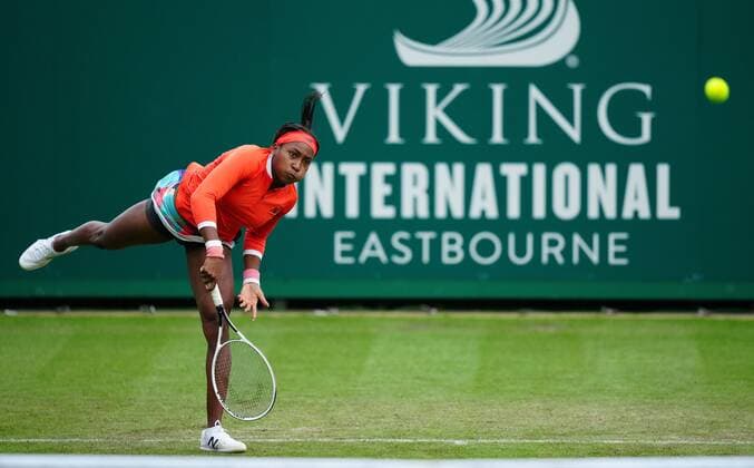 Mandatory Credit: Photo by Dave Shopland BPI Shutterstock (12163770ec) USA s Coco Gauff action Viking International Championships, Day Four, Tennis, Eastbourne, East Sussex, UK - 22 June 2021 EDITORIAL USE ONLY No use with unauthorised audio, video, data, fixture lists, club league logos or live services. Online in-match use limited to 120 images, no video emulation. No use in betting, games or single club league player publications. Viking International Championships, Day Four, Tennis, Eastbourne, East Sussex, UK - 22 June 2021 EDITORIAL USE ONLY No use with unauthorised audio, video, data, fixture lists, club league logos or live services. Online in-match use limited to 120 images, no video emulation. No use in betting, games or single club league player publications. Copyright: xDavexShopland BPI Shutterstockx 12163770ec