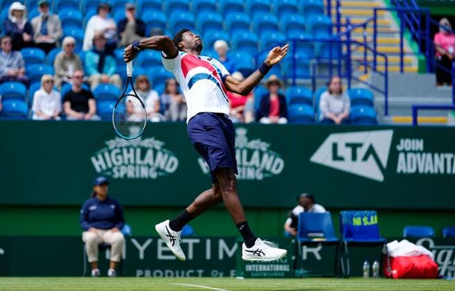 Mandatory Credit: Photo by Dave Shopland BPI Shutterstock (12165746am) Gael Monfils from France Action Viking International Championships, Day Five, Tennis, Eastbourne, East Sussex, UK - 23 June 2021 Viking International Championships, Day Five, Tennis, Eastbourne, East Sussex, UK - 23 June 2021 Copyright: xDavexShopland BPI Shutterstockx 12165746am