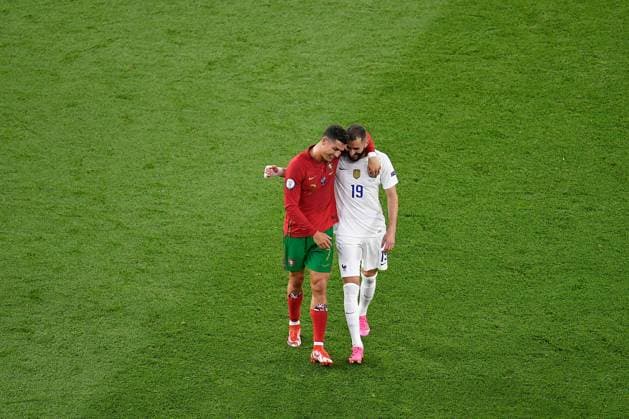 SOCCER - UEFA EURO, EM, Europameisterschaft,Fussball 2020 BUDAPEST,HUNGARY,23.JUN.21 - SOCCER - UEFA European Championship, EM, Europameisterschaft OEFB international match, Länderspiel, Nationalmannschaft Portugal vs France. Image shows Cristiano Ronaldo (POR) and Karim Benzema (FRA).  GEPAxpictures xAlexxNicodim