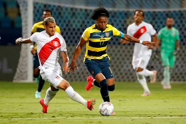 Ecuador s Angelo Preciado in action against Peru s Miguel Trauco, during a match for Group B of the Copa America at the Pedro Ludovico Teixeira Olympic Stadium in Goiania, Brazil, 23 June 2021. Ecuador - Peru !ACHTUNG: NUR REDAKTIONELLE NUTZUNG!  Copyright: xAlbertoxValdesx AME7984 20210623-f8f18de9d2ff711b56e0e084a0ed43e5b57c782b