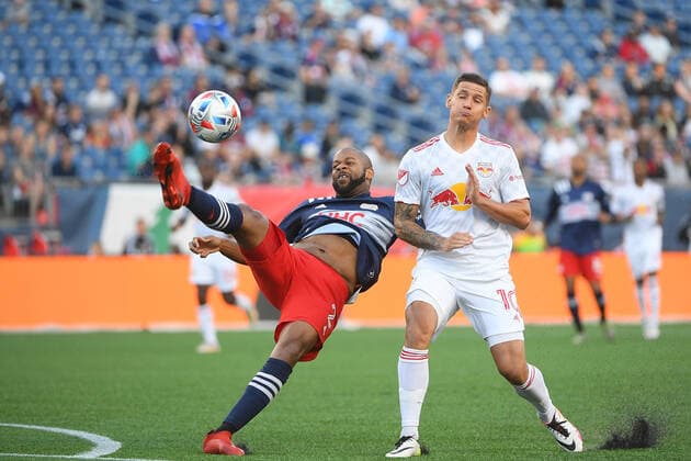 June 23, 2021: New England Revolution forward Teal Bunbury (10) bicycle kicks the ball away from New York Red Bulls forward Patryk Klimala (10) during the MLS, Fussball Herren, USA game between New York Red Bulls and the New England Revolution held at Gillette Stadium in Foxborough Massachusetts. CSM Foxborough USA - ZUMAc04_ 20210623_zaf_c04_036 Copyright: xEricxCanhax