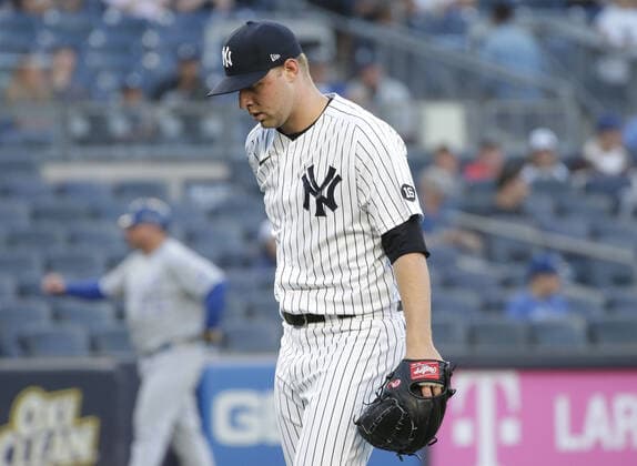 New York Yankees starting pitcher Michael King stands on the mound in the first inning against the Kansas City Royals at Yankee Stadium on Wednesday, June 23, 2021 in New York City.  NYP20210623101 JOHNxANGELILLO