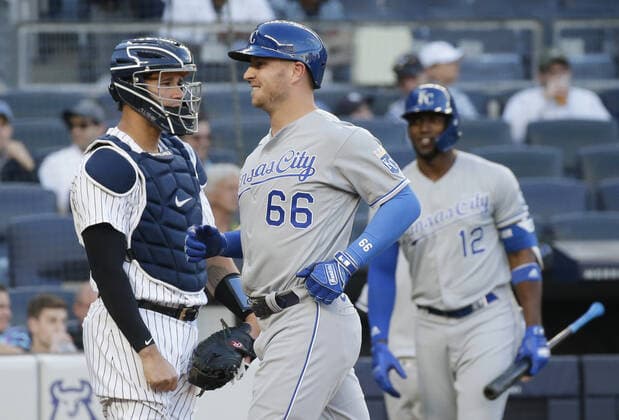 Kansas City Royals Ryan O Hearn crosses home plate after hitting a 2-run home run in the first inning against the New York Yankees at Yankee Stadium on Wednesday, June 23, 2021 in New York City.  NYP20210623103 JOHNxANGELILLO