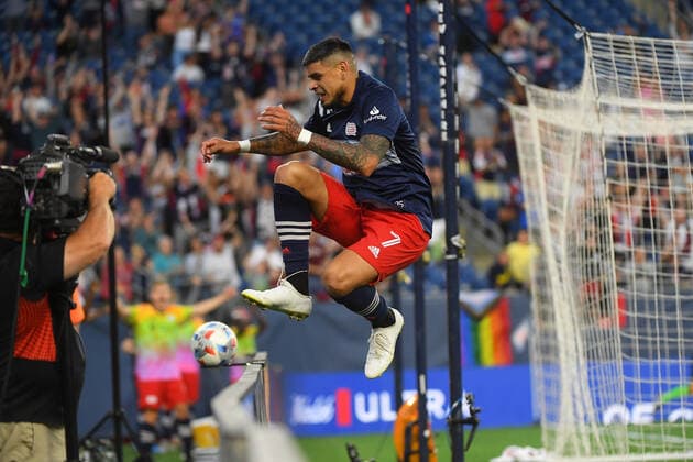 June 23, 2021: New England Revolution forward Gustavo Bou (7) celebrates a goal during the MLS, Fussball Herren, USA game between New York Red Bulls and the New England Revolution held at Gillette Stadium in Foxborough Massachusetts. New England defeats New York 3-2. CSM Foxborough USA - ZUMAc04_ 20210623_zaf_c04_049 Copyright: xEricxCanhax