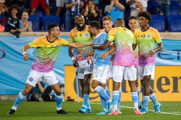 June 23, 2021, Harrison, NJ, US: New York City FC midfielder ISMAEL TAJOURI-SHRADI 17 celebrates his goal with New York City FC midfielder ALFREDO MORALES 7 and New York City FC defender SEBASTIEN IBEAGHA 5 during a regular season game at Red Bull Arena in Harrison, NJ. New York City FC defeats Atlanta United 1-0 Harrison US - ZUMAs192 20210623_zap_s192_020 Copyright: xMarkxSmithx