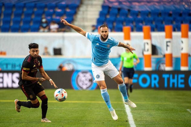 June 23, 2021, Harrison, NJ, US: Atlanta United midfielder MARCELINO MORENO 10 and New York City FC defender MAXIME CHANOT 4 chase the ball during a regular season game at Red Bull Arena in Harrison, NJ. New York City FC defeats Atlanta United 1-0 Harrison US - ZUMAs192 20210623_zap_s192_016 Copyright: xMarkxSmithx
