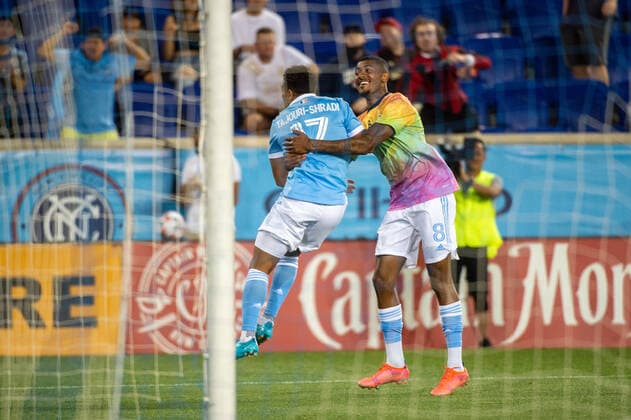 June 23, 2021, Harrison, NJ, US: New York City FC midfielder ISMAEL TAJOURI-SHRADI 17 celebrates his goal with New York City FC forward THIAGO ANDRADE 8 during a regular season game at Red Bull Arena in Harrison, NJ. New York City FC defeats Atlanta United 1-0 Harrison US - ZUMAs192 20210623_zap_s192_022 Copyright: xMarkxSmithx