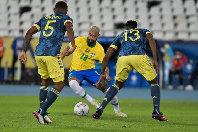 23th June 2021; Nilton Santos Stadium, Rio de Janeiro, Brazil; Copa America, Brazil versus Colombia; Neymar of Brazil takes on Yerry Mina of Colombia  ActionPlus12299139 MarcelloxDias