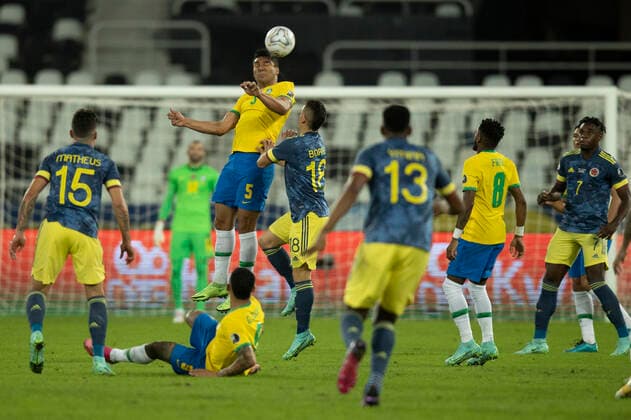23th June 2021; Nilton Santos Stadium, Rio de Janeiro, Brazil; Copa America, Brazil versus Colombia; Casemiro of Brazil and Rafael Santos Borr& xe9; of Colombia  ActionPlus12299178 LucasxFigueiredo