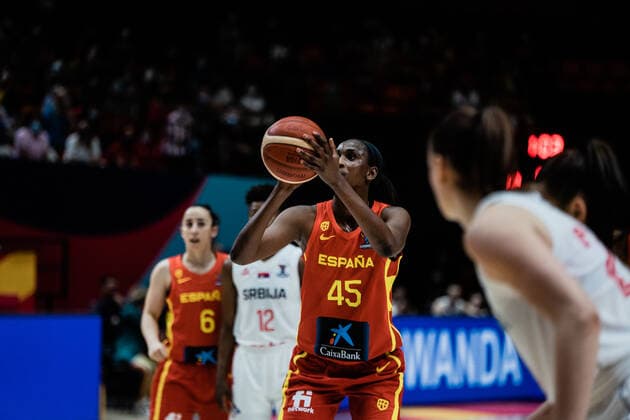 Spain v Serbia - Women s EuroBasket 2021 Astou Indour of Spain in action during the Women s EuroBasket 2021 quarter-finals match played between Spain and Serbia at Fuente de Sant Luis pavilion on June 23, 2021 in Valencia, Spain. Valencia Valencia Spain reinorenon-spainvse210623_npRbV  Copyright: xJonxImanolxReinox