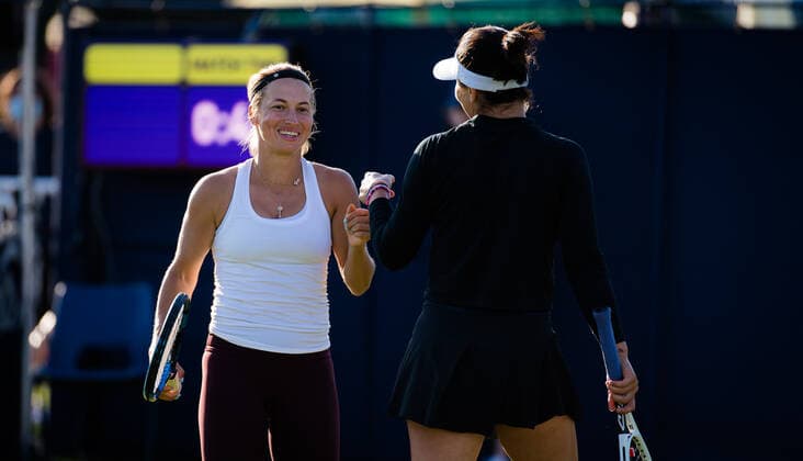 June 23, 2021: Bianca Andreescu of Canada & Yulia Putintseva of Kazakhstan playing doubles at the 2021 Viking International WTA, Tennis Damen 500 tennis tournament - ZUMAa181 20210623_zaa_a181_187 Copyright: xRobxPrangex