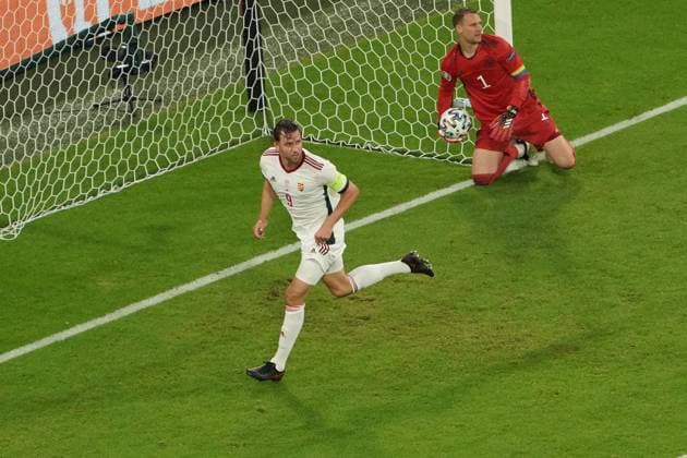 celebrate the goal, Torjubel zum 0:1 Adam Szalai (Ungarn, Hungary), Torwart Goalie Manuel Neuer (Deutschland Germany) geschlagen - Muenchen 23.06.2021: Deutschland vs. Ungarn, Allianz Arena Muenchen, Euro2020, emonline, emspor,