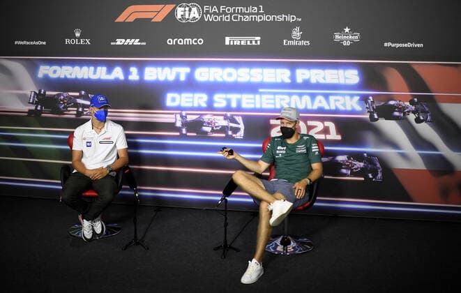 F1 Grand Prix of Styria 47 Mick Schumacher (GER, Haas F1 Team), 5 Sebastian Vettel (GER, Aston Martin Cognizant F1 Team), F1 Grand Prix of Styria at Red Bull Ring on June 24, 2021 in Spielberg, Austria. (Photo by Christian Bruna EPA FIA Pool via HOCH ZWEI) Spielberg Austria Poolfoto HOCH ZWEI Pool EPA ,EDITORIAL USE ONLY